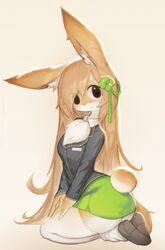  animal_ears breasts brown_hair commentary female furry furry_female green_skirt highres long_hair medium_breasts rabbit_ears rabbit_girl school_uniform sitting skirt smile solo symbol-only_commentary uyu_(soda_uyu) 