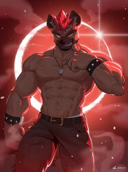  abs anjing_kampuss anthro belt belt_buckle blood blood_moon bodily_fluids brown_body brown_fur buckle clenched_teeth clothing eclipse fur golden_belt_buckle grin hair hi_res hyena inner_ear_fluff jewelry legwear male mammal mohawk muscular muscular_anthro muscular_male necklace nosebleed pent_(anjing) red_eyes red_hair shirtless smile solo teeth tuft underwear white_clothing white_underwear wristband yellow_sclera 