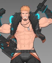  1boy abs bara bare_pectorals beard belt biceps blonde_hair blue_eyes brown_hair facial_hair flexing gauntlets gun hunterkay jacket jewelry looking_at_viewer male_focus manly mature_male multicolored_hair muscular muscular_male necklace nipples obliques open_clothes open_jacket original pants pectorals pose smirk solo spiked_hair stomach teeth thick_arms tube undercut weapon weapon_on_back 