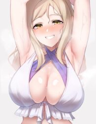  absurdres armpits arms_up bare_arms bare_shoulders bikini blonde_hair blurry blush breasts cleavage commentary criss-cross_halter depth_of_field female frilled_bikini frills front-tie_bikini_top front-tie_top grey_background grin hair_between_eyes half-closed_eyes halterneck highres large_breasts layered_bikini long_hair looking_at_viewer love_live! love_live!_sunshine!! messy_hair nasuno_(nasuno42) nose_blush ohara_mari purple_bikini simple_background smile solo steaming_body sweat sweaty_armpits swept_bangs swimsuit upper_body wet wet_hair white_bikini yellow_eyes 