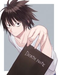  1boy bags_under_eyes black_eyes black_hair book collarbone death_note death_note_(object) hair_between_eyes highres holding holding_book l_(death_note) long_sleeves looking_at_viewer male_focus shimizu_tomoki shirt short_hair solo white_shirt 