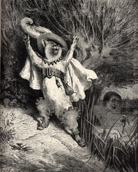  1867 19th_century ambiguous_gender ancient_art anthro belt belt_buckle biped buckle cape claws clothing corpse detailed_background domestic_cat european_mythology fairy_tales fangs felid feline felis feral footwear fur greyscale group gustave_dore hair handpaw hat_feather headgear headwear human loose_feather male mammal monochrome mouse murid murine mythology open_mouth outside paws plant public_domain puss_in_boots_(folklore) raised_arms rodent semi-anthro solo_focus standing teeth traditional_media_(artwork) tree water whiskers wood_engraving 