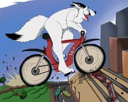  2020 anthro arctic_fox bicycle blue_eyes building canid canine car cloud cycling day earth_damage fox fur macro male mammal nude open_mouth plant plantigrade rails rampage road side_view sky skyscraper solo street_lamp tongue tongue_out train tree true_fox vegabone vegabone_(character) vehicle white_body white_fur 