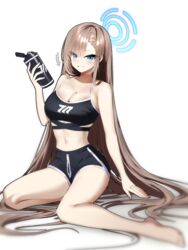  absurdly_long_hair absurdres alternate_costume asuna_(blue_archive) bare_arms bare_shoulders barefoot black_shirt black_shorts blue_archive blue_eyes breasts brown_hair cleavage commentary crop_top dolphin_shorts drawstring female grin hair_spread_out halo halterneck highres holding large_breasts long_hair looking_at_viewer midriff mole mole_on_breast navel sbgu shirt short_shorts shorts simple_background sleeveless sleeveless_shirt smile solo spaghetti_strap stomach thighs very_long_hair white_background 