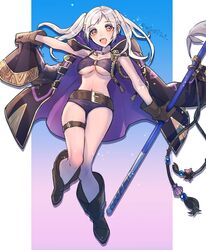  bad_id bad_twitter_id belt bikini boots breasts brown_gloves cleavage female fire_emblem fire_emblem_awakening fire_emblem_heroes full_body gloves highres holding jewelry mano_(m1n0f2e1) necklace o-ring o-ring_bikini open_mouth polearm robin_(female)_(fire_emblem) robin_(female)_(summer)_(fire_emblem) robin_(fire_emblem) solo swimsuit twintails twitter_username weapon white_hair 