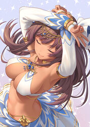  alice_gear_aegis bare_shoulders belly_dancing bra breasts cleavage closed_eyes commentary_request dancer dancing dark-skinned_female dark_skin detached_sleeves fatima_betrorum female from_above gold_choker hands_up jewelry pinakes purple_hair purple_skirt ring skirt smile solo underwear white_bra 