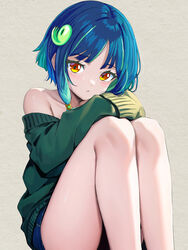  bare_shoulders blue_hair blush brown_eyes denim denim_shorts female green_hair grey_background hair_ornament highres looking_at_viewer monster_strike multicolored_hair off-shoulder_sweater off_shoulder short_shorts shorts simple_background sleeves_past_fingers sleeves_past_wrists solo streaked_hair sweater yakumo_(monster_strike) zenbrush2 