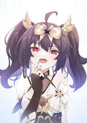  bare_shoulders black_gloves bow dress female fingerless_gloves gloves hair_ornament hairbow highres honkai_(series) honkai_impact_3rd looking_at_viewer nail_polish open_mouth purple_dress purple_eyes purple_nails qingye_ling red_eyes seele_(alter_ego) seele_vollerei seele_vollerei_(starchasm_nyx) simple_background solo twintails white_background 