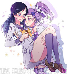  2girls blue_eyes blue_hair blush braid brown_footwear carrying character_name closed_mouth collarbone crown_braid cure_sword dokidoki!_precure dress earrings embarrassed floating_hair grey_dress grey_ribbon hair_ornament hair_ribbon high_ponytail hishikawa_rikka jewelry kneehighs loafers long_hair multiple_girls negom open_mouth precure princess_carry purple_eyes purple_hair purple_legwear purple_sailor_collar ribbon sailor_collar sailor_dress school_uniform shiny shiny_hair shoes short_dress smile standing sweatdrop thighhighs wavy_mouth white_background yellow_neckwear 