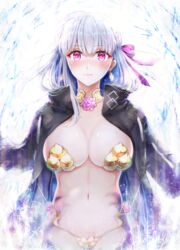  armor bikini_armor black_jacket blue_hair blue_skin blush body_markings borrowed_clothes breasts chaldea_logo cleavage closed_mouth collar collarbone colored_inner_hair colored_skin cosplay earrings fate/grand_order fate_(series) female flower fujimaru_ritsuka_(female) fujimaru_ritsuka_(female)_(cosplay) fujimaru_ritsuka_(female)_(polar_chaldea_uniform) fujimaru_ritsuka_(female)_(polar_chaldea_uniform)_(cosplay) gradient_skin hair_ribbon jacket jacket_on_shoulders jewelry kama_(fate) kama_(third_ascension)_(fate) large_breasts long_hair looking_at_viewer lotus metal_collar multicolored_hair navel open_clothes open_jacket pink_eyes ribbon sparkle two-tone_hair utatane_(hpjc5347) white_hair 