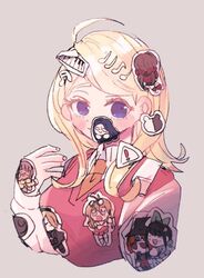  ahoge akamatsu_kaede blonde_hair blush chabashira_tenko character_print collared_shirt commentary_request cropped_torso danganronpa_(series) danganronpa_v3:_killing_harmony female hair_ornament hand_up harukawa_maki heart iruma_miu jewelry kara_aren long_hair long_sleeves looking_at_viewer monokuma musical_note musical_note_hair_ornament necktie pink_vest purple_eyes shirogane_tsumugi shirt simple_background smile solo sticker tojo_kirumi too_many too_many_stickers upper_body vest white_shirt yonaga_angie yumeno_himiko 