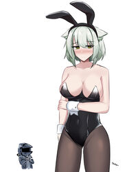  1boy @_@ alternate_costume animal_ears arknights arm_grab ass_visible_through_thighs bare_arms bare_shoulders black_leotard blush breasts camera chibi closed_mouth commentary doctor_(arknights) embarrassed fake_animal_ears female green_eyes green_hair hair_between_eyes highres holding holding_camera kal&#039;tsit_(arknights) legs_apart leotard pantyhose playboy_bunny solo_focus strapless strapless_leotard taking_picture tofudofu wrist_cuffs 