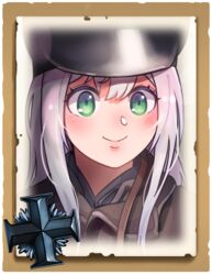  closed_mouth commentary company_of_heroes english_commentary female german_army green_eyes hair_between_eyes hat long_hair military military_hat military_uniform original portrait purple_hair smile solo uniform v-shaped_eyebrows world_war_ii zhainan_s-jun 