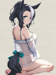  alternate_costume animal_ears back back_focus barefoot black_hair bow braid braided_bun camisole female from_behind green_bow grey_background hair_bun highres horse_ears horse_girl horse_tail looking_at_viewer looking_back mejiro_ramonu_(umamusume) mole mole_under_eye multicolored_hair off_shoulder purple_eyes see-through see-through_camisole seiza simple_background single_hair_bun sitting solo streaked_hair tail tail_through_clothes umamusume white_hair zenbrush2 