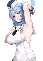  ako_(blue_archive) armpits black_necktie blue_archive blue_hair blue_halo blush breasts clenched_teeth collared_dress cuffs dress female garrison_cap gloves half_gloves halo hat large_breasts medium_hair necktie official_alternate_costume pensuke presenting_armpit shackles sideboob simple_background sleeveless sleeveless_dress solo teeth utnapishtim_operator_uniform_(blue_archive) white_background white_dress white_gloves 