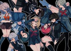  6+girls ahoge akamatsu_kaede alternate_costume antenna_hair bad_id bad_twitter_id beads black_background black_hair black_jacket black_pantyhose black_shirt black_skirt black_socks blonde_hair blue_skirt breasts chabashira_tenko closed_eyes collared_shirt danganronpa_(series) danganronpa_v3:_killing_harmony hair_beads hair_ornament hairclip hand_up harukawa_maki highres iruma_miu jacket kara_aren kneehighs large_breasts long_hair long_sleeves looking_at_viewer miniskirt multiple_girls neckerchief necktie no_shoes official_alternate_costume outline pantyhose plaid plaid_skirt pleated_skirt red_hair sailor_collar school_uniform serafuku shirogane_tsumugi shirt short_hair skirt sleeping smile socks tojo_kirumi twintails white_outline yonaga_angie yumeno_himiko 