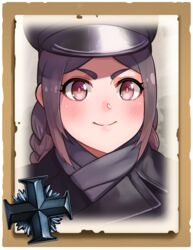  black_coat black_hat braid closed_mouth coat commentary company_of_heroes english_commentary female german_army hat jacket looking_at_viewer military military_coat military_hat military_jacket military_uniform original purple_eyes purple_hair purple_scarf scarf smile solo twin_braids uniform world_war_ii zhainan_s-jun 