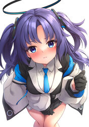  awa_yume black_gloves blue_archive blue_eyes blue_necktie blush breasts closed_mouth covering_crotch covering_privates embarrassed female gloves hair_ornament half_gloves halo highres jacket long_sleeves looking_at_viewer medium_breasts necktie pout purple_hair shirt simple_background solo two_side_up white_background white_jacket white_shirt yuuka_(blue_archive) 