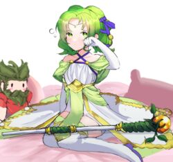  1boy absurdres aged_down bare_shoulders boots dozla_(fire_emblem) dress elbow_gloves female fire_emblem fire_emblem:_the_sacred_stones fire_emblem_heroes gloves green_eyes green_hair highres holding holding_staff juneplums l&#039;arachel_(fire_emblem) l&#039;arachel_(seeker_of_justice)_(fire_emblem) official_alternate_costume pillow sitting squeans staff thigh_boots thighhighs tied_hair white_dress white_footwear white_gloves yokozuwari 