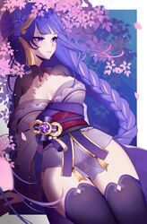  artist_name blue_hair blunt_bangs braid breasts commentary english_commentary female flower genshin_impact hair_flower hair_ornament highres japanese_clothes large_breasts long_hair looking_away mole mole_under_eye nanoless obi petals purple_eyes raiden_shogun sash solo thighhighs very_long_hair 