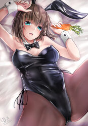  animal_ears aqua_eyes arm_up armpits black_leotard black_pantyhose blush bow bowtie braid breasts brown_hair carrot charlotte_corday_(fate) cleavage commentary detached_collar fate/grand_order fate_(series) female food giraffe_(ilconte) highleg highleg_leotard holding holding_carrot holding_food holding_vegetable large_breasts leotard looking_at_viewer lying medium_hair on_back open_mouth pantyhose playboy_bunny rabbit_ears solo strapless strapless_leotard vegetable wrist_cuffs 