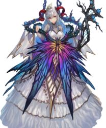  bare_shoulders blue_flower blue_hair blue_rose breasts closed_mouth covered_collarbone dress female fire_emblem fire_emblem_heroes flower freyja_(fire_emblem) full_body grey_hair hair_ornament highres holding horns large_breasts layered_dress layered_skirt long_hair long_sleeves looking_at_viewer multicolored_hair non-web_source official_art red_eyes rose skirt smile solo staff standing thorns transparent_background turtleneck yoshiku_(oden-usagi) 