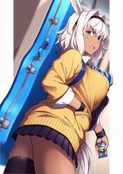  animal_ears ass black_skirt blue_eyes breasts caenis_(fate) cellphone collared_shirt contemporary dark-skinned_female dark_skin dress_shirt fate/grand_order fate_(series) female hair_intakes hairband highres instrument_case large_breasts long_hair long_sleeves looking_at_viewer mku open_mouth phone ponytail shirt skirt smartphone solo sweater thighs white_shirt wristband yellow_sweater 