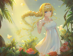  alice_zuberg blonde_hair blue_eyes breasts closed_mouth dress female hairband kiiro_kimi large_breasts long_hair looking_at_viewer medium_dress outdoors plant smile solo spaghetti_strap sundress sword_art_online sword_art_online:_alicization very_long_hair white_dress white_hairband 