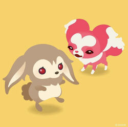  2023 ambiguous_gender brown_body brown_fur cocone digital_media_(artwork) duo feral fur lineless lovox_(livly) official_art pink_body pink_fur rabine_(livly) simple_background unknown_artist watermark yellow_background 