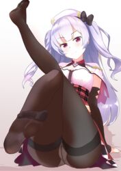  ajax_(azur_lane) azur_lane black_pantyhose bow breasts commentary_request crossed_legs feet female grey_hair hairbow hand_on_lap hat highres leg_up long_hair looking_at_viewer no_shoes panties panties_under_pantyhose pantyhose pantyshot purple_eyes shibaame simple_background sitting small_breasts smile soles solo underwear 