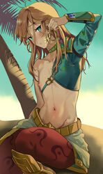  1boy absurdres aqua_eyes arm_up blush brown_hair chest_protector collarbone desert_voe_set_(zelda) earrings embarrassed head_tilt highres hoop_earrings jewelry link long_hair looking_at_viewer male_focus messy_hair navel nipples otoko_no_ko palm_tree sand single_sleeve sitting skirt sky solo sweat sweatdrop tamako_(tamatamako01) the_legend_of_zelda the_legend_of_zelda:_breath_of_the_wild tree 