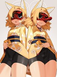  2girls animal_ear_fluff animal_ears bike_shorts black_shorts blonde_hair blue_archive clothes_lift extra extra_ears green_eyes grey_background halo highres japanese_clothes kimono kimono_lift lifting_own_clothes long_sleeves mask miyamae_(miyazen9311) multiple_girls obi open_mouth sash shorts simple_background street_mouryo_(rl)_(blue_archive) tengu_mask twintails wide_sleeves yellow_kimono yukata 