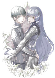  2boys androgynous arms_around_waist black_hair blue_eyes bodysuit bowl_cut dual_persona expressionless flower long_hair multiple_boys protagonist_(smtv) ryokuyuu school_uniform shin_megami_tensei shin_megami_tensei_v short_hair simple_background very_long_hair yellow_eyes 