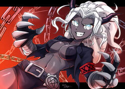  armband belt breasts chains claws cleavage colored_skin dark-skinned_female dark_skin female grey_skin helltaker highres horns judgement_(helltaker) looking_at_viewer navel pentagram wakaba_(wata_ridley) white_eyes white_hair 