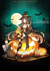  artist_name bat_(animal) black_hat breasts brown_hair candle candy character_name cleavage copyright_name detached_sleeves english_commentary female food full_moon girls&#039;_frontline gun hat highres jack-o&#039;-lantern lollipop long_hair looking_at_viewer m21 m21_(gatekeeper_of_the_magical_realm)_(girls&#039;_frontline) m21_(girls&#039;_frontline) medium_breasts moon multicolored_hair official_alternate_costume official_art promotional_art pumpkin red_eyes red_hair rifle sitting solo striped_clothes striped_thighhighs thighhighs two-tone_hair weapon witch_hat 