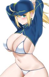  ahoge arind_yudha arms_behind_head arms_up artoria_pendragon_(fate) baseball_cap bikini blonde_hair blue_eyes blue_hat blue_jacket blush breasts cleavage cropped_jacket fate/grand_order fate_(series) female grin hair_between_eyes hair_through_headwear hat highres jacket large_breasts long_hair long_sleeves looking_at_viewer mysterious_heroine_xx_(fate) navel ponytail shrug_(clothing) sidelocks smile solo swimsuit white_bikini 