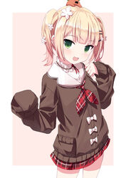  :d bad_id bad_pixiv_id black_cardigan blonde_hair brown_background cardigan commentary female flower gradient_hair green_eyes hair_flower hair_ornament hairclip hololive long_sleeves medium_hair momosuzu_nene momosuzu_nene_(casual) multicolored_hair neckerchief official_alternate_costume official_alternate_hair_length official_alternate_hairstyle on_head oueo plaid_neckerchief pleated_skirt red_neckerchief red_skirt shirt skirt sleeves_past_fingers sleeves_past_wrists smile solo standing twintails two-tone_background virtual_youtuber white_background white_flower white_shirt 