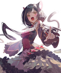  animal_ear_fluff animal_ears bare_shoulders black_hair black_ribbon blush breasts brooch brown_eyes cat_ears cat_girl cat_tail commentary cowboy_shot detached_sleeves dress embarrassed fajyobore female floating_hair frills from_below gem green_eyes highres jewelry karyl_(princess_connect!) long_hair looking_at_viewer low_twintails medium_breasts multicolored_clothes multicolored_dress multicolored_hair neck_ribbon open_mouth photoshop_(medium) pointing pointing_at_viewer princess_connect! ribbon simple_background solo streaked_hair tail twintails up_sleeve very_long_hair white_background 