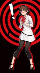  ! beeeeen black_background black_footwear black_pants blush book braid brown_hair collared_dress crown_braid dress embarrassed eyelashes female full_body hands_up highres holding leaning_to_the_side long_sleeves lower_teeth_only medium_hair niijima_makoto open_mouth pants persona persona_5 red_background red_eyes sidelocks solo standing sweatdrop teeth toe_cleavage two-tone_background white_dress 