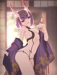  backlighting bare_shoulders bob_cut breasts clothes_pull collarbone eyeliner fate/grand_order fate_(series) female flower hair_flower hair_ornament headpiece horns japanese_clothes kimono leaf_print long_sleeves looking_at_viewer makeup navel off_shoulder oni open_clothes open_kimono parted_lips purple_eyes purple_hair purple_kimono revealing_clothes short_hair shouji shuten_douji_(fate) skin-covered_horns sliding_doors small_breasts smile solo sunrise tenshin_kagehisa thighs wide_sleeves 