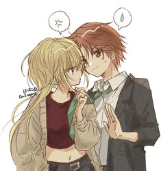  1boy anger_vein belt black_belt black_jacket black_pants blazer blonde_hair brown_cardigan cardigan closed_mouth collared_shirt crop_top facing_to_the_side female green_eyes green_necktie hatsuyume_(01hatsumu02) highres hoshina_utau jacket jewelry long_hair navel necktie necktie_grab neckwear_grab orange_hair pants purple_eyes red_shirt ring shirt shugo_chara! souma_kuukai speech_bubble spoken_sweatdrop straight sweatdrop twintails white_background white_shirt 