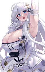  armpits azur_lane bare_shoulders blue_eyes blush breasts cleavage dress female gloves highres huge_breasts illustrious_(azur_lane) illustrious_(muse)_(azur_lane) long_hair looking_at_viewer mole mole_under_eye open_mouth sidelocks smile solo sweat sweaty_armpits wee_(weeyy) white_dress white_gloves white_hair 