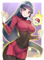  black_bodysuit black_hair blunt_bangs bodysuit bodysuit_under_clothes border breasts covered_navel cowboy_shot crop_top cropped_jacket female floating_hair gloves hands_up hime_cut jacket large_breasts long_hair long_sleeves miniskirt pantyhose parted_lips pencil_skirt poke_ball poke_ball_(basic) pokemon pokemon_frlg purple_eyes red_jacket red_skirt sabrina_(pokemon) side_slit skirt solo telekinesis turtleneck turtleneck_jacket very_long_hair white_border white_gloves yasu_suupatenin 