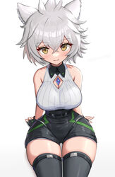  absurdres animal_ears breasts cat_ears cat_girl chest_jewel clothing_cutout core_crystal_(xenoblade) crystal diamond_cutout female fingerless_gloves gloves gonzarez high-waist_shorts highres hip_focus large_breasts looking_at_viewer messy_hair na&#039;el_(xenoblade) narrow_waist perspective romper short_hair short_shorts shorts simple_background skindentation solo thick_thighs thigh_focus thigh_gap thighhighs thighs wide_hips xenoblade_chronicles_(series) xenoblade_chronicles_3 xenoblade_chronicles_3:_future_redeemed yellow_eyes 