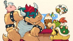  alien alternate_color anthro bowser bowser&#039;s_brother bowser_jr. claws clothing crossover dahecksajerry dessert eye_contact father_(lore) father_and_child_(lore) father_and_son_(lore) food group hair hat headgear headwear horn human ice_cream kirby kirby_(series) koopa looking_at_another luigi male mammal mario_bros nephew_(lore) nintendo open_mouth open_smile parent_(lore) parent_and_child_(lore) parent_and_son_(lore) pictographics red_eyes red_hair scalie shell sitting smile son_(lore) speech_bubble spikes teeth trio uncle_(lore) uncle_and_nephew_(lore) waddling_head 