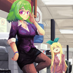  2girls alternate_costume black_skirt blonde_hair breasts clock closed_eyes collared_shirt crossover erodozer glasses green_hair green_ribbons hair_ribbon highres ichika_maia indie_virtual_youtuber jacket leaning_to_the_side long_hair medium_breasts multiple_girls nijisanji nijisanji_en office_lady pantyhose pencil_skirt pink_jacket pomu_rainpuff purple_eyes ribbon shirt short_hair skirt smile trait_connection virtual_youtuber white_shirt 