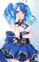  ahoge alive_musix blue_bow blue_bowtie blue_hair bow bowtie bracelet breasts cleavage commentary_request cowboy_shot cross-laced_clothes crown_hair_ornament dress eyebrows_hidden_by_hair female fingerless_gloves gloves gradient_background hair_between_eyes hand_on_own_face heart heart_ahoge highres idol_clothes jewelry layered_dress light_blue_hair mair_(alive_musix) medium_breasts multicolored_hair nail_polish polka_dot red_eyes single_fingerless_glove sleeveless sleeveless_dress solo star_(symbol) toromera twintails two-tone_hair virtual_youtuber white_background 