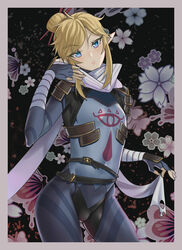  1boy absurdres arched_back armor blonde_hair blue_bodysuit blue_eyes blush bodysuit border bug bulge butterfly chinese_commentary commentary_request covered_navel cowboy_shot eyelashes fingerless_gloves flower gloves hair_bun head_tilt highres link male_focus otoko_no_ko parted_bangs pink_border pointy_ears scarf shoulder_armor sidelocks single_hair_bun solo stealth_set_(zelda) tamako_(tamatamako01) the_legend_of_zelda the_legend_of_zelda:_breath_of_the_wild 