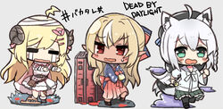  3girls =_= ahoge animal_ears bakatare_(hololive) bandaged_head bandages bear_trap black_footwear black_pantyhose blonde_hair blue_kimono blush boots braid brown_hair chibi closed_eyes commentary_request crying curled_horns dark-skinned_female dark_skin dead_by_daylight dress elf flashlight flower fox_ears fox_girl fox_tail fur-trimmed_boots fur-trimmed_dress fur_trim green_eyes grey_background grey_skirt hair_between_eyes hair_flower hair_ornament hairclip hakama hakama_skirt highres holding hololive horns japanese_clothes kimono koga_rejini long_hair long_sleeves multicolored_hair multiple_girls open_mouth pantyhose pink_flower pleated_skirt pointy_ears red_eyes red_hakama sheep_ears sheep_girl sheep_horns shirakami_fubuki shirakami_fubuki_(street) shiranui_flare shiranui_flare_(new_year) shirt side_braid single_braid skirt sleeveless sleeveless_dress streaked_hair streaming_tears sweat tail tears tsunomaki_watame tsunomaki_watame_(1st_costume) very_long_hair virtual_youtuber wavy_mouth white_dress white_hair white_shirt wide_sleeves 