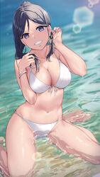  absurdres barefoot bikini black_hair bracelet breasts cleavage collarbone dutch_angle ear_piercing female front-tie_bikini_top front-tie_top grin highres holding holding_own_hair jewelry large_breasts lens_flare light_blush long_hair looking_at_viewer love_live! love_live!_sunshine!! matsuura_kanan navel non-circular_lens_flare partially_submerged piercing ponytail purple_eyes sidelocks sitting skindentation smile solo sparkle stomach swimsuit wariza water wet wet_hair white_bikini yamaori_(yamaorimon) 